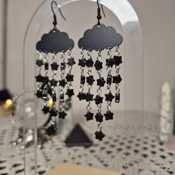 Black Obsidian Starry Night Gemstone Cloud Earrings - Picture 5 of 7